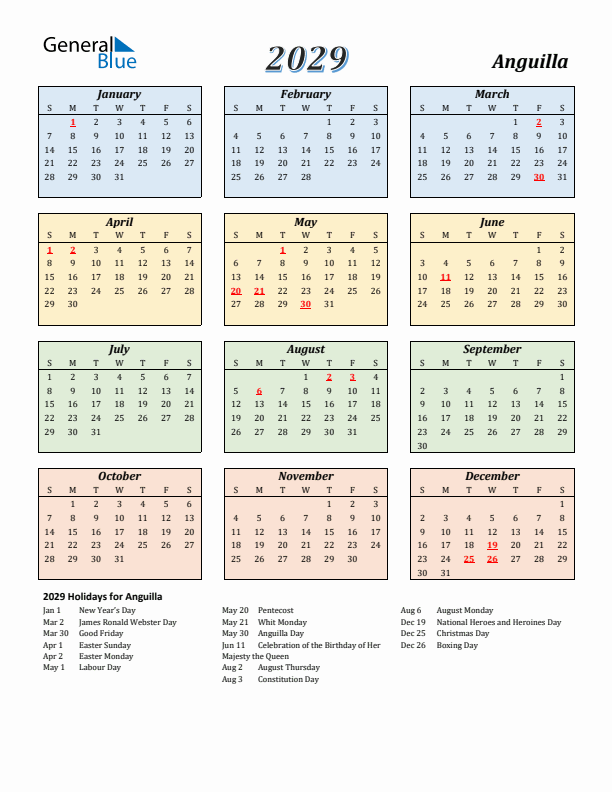 Anguilla Calendar 2029 with Sunday Start