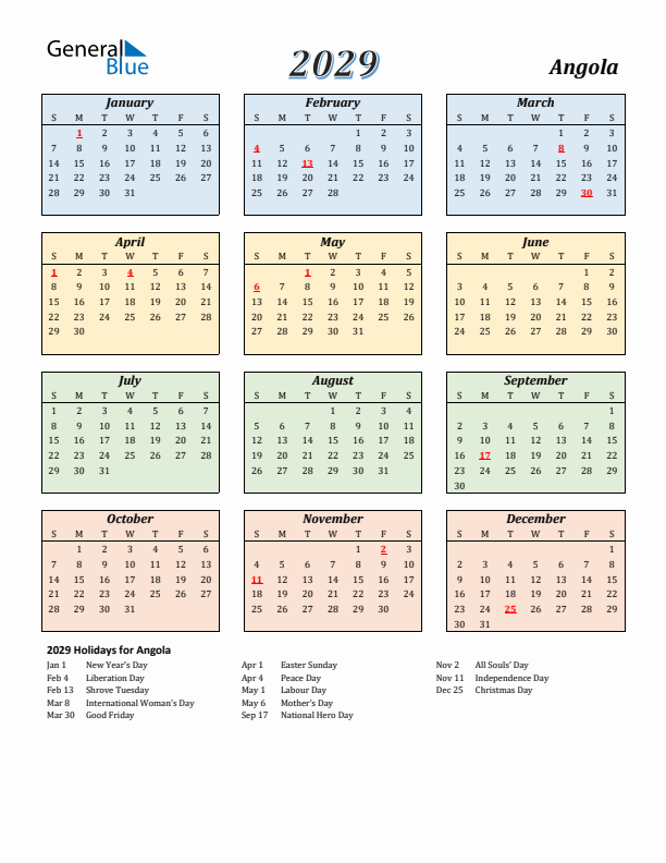 Angola Calendar 2029 with Sunday Start