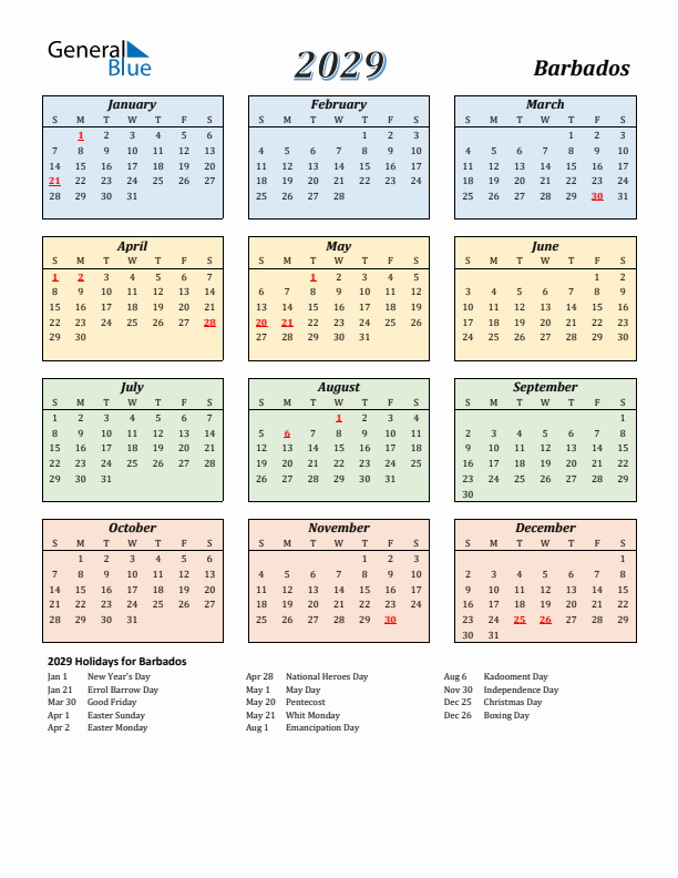 Barbados Calendar 2029 with Sunday Start