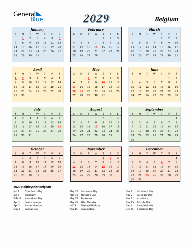 Belgium Calendar 2029 with Sunday Start