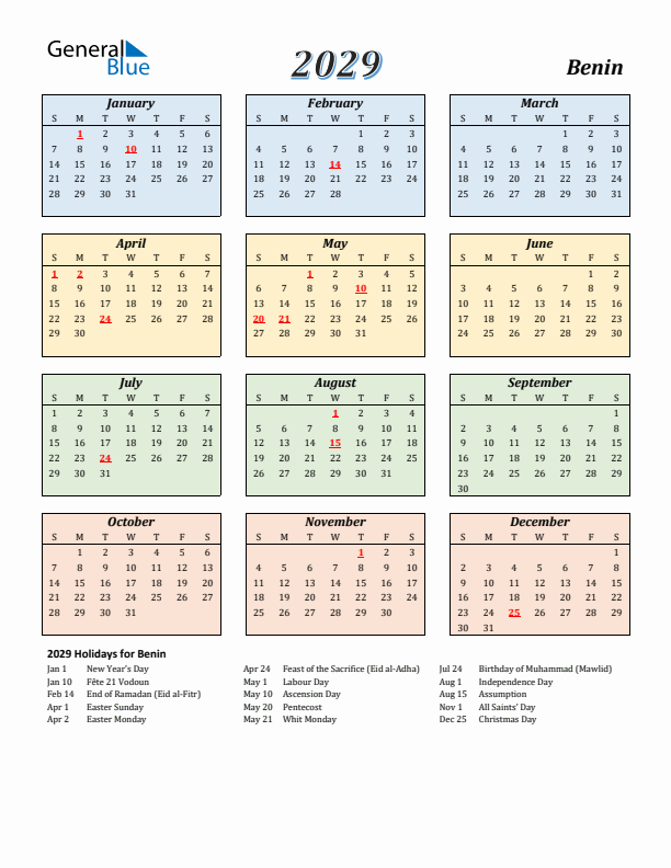 Benin Calendar 2029 with Sunday Start