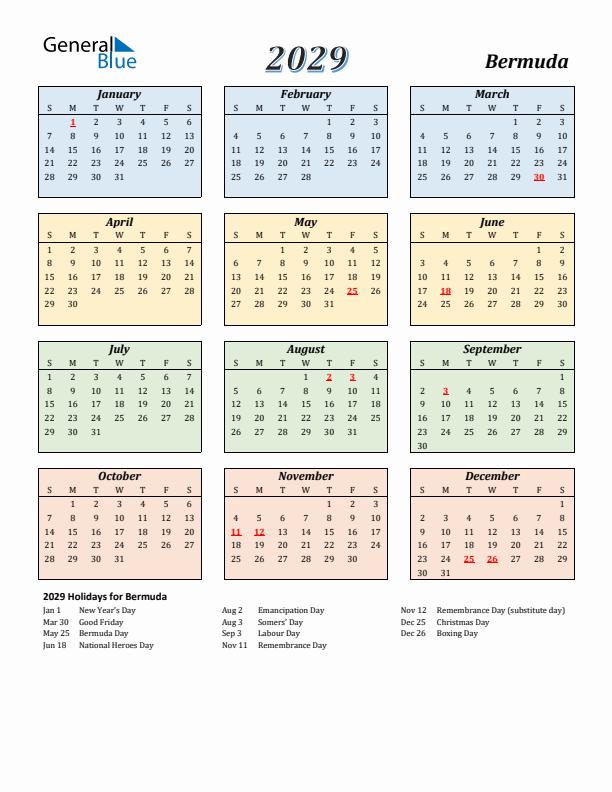 Bermuda Calendar 2029 with Sunday Start