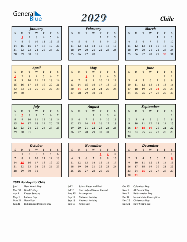 Chile Calendar 2029 with Sunday Start