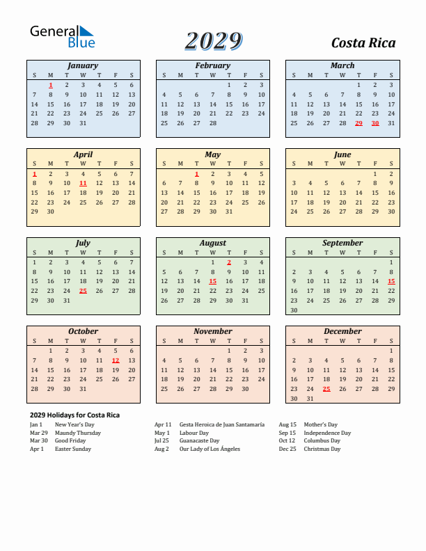 Costa Rica Calendar 2029 with Sunday Start