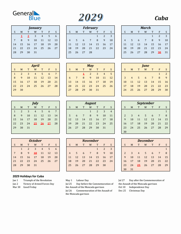 Cuba Calendar 2029 with Sunday Start