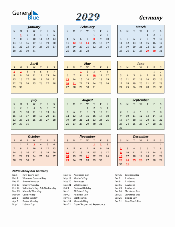 Germany Calendar 2029 with Sunday Start