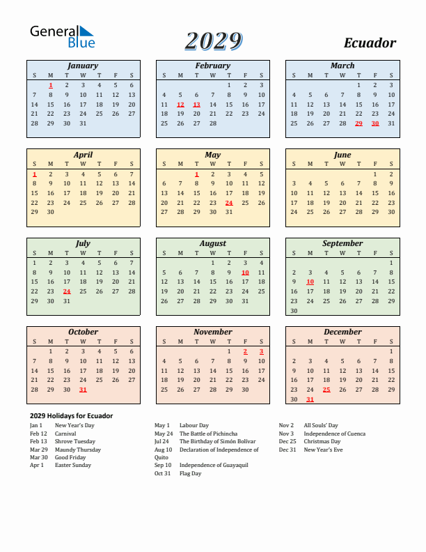 Ecuador Calendar 2029 with Sunday Start