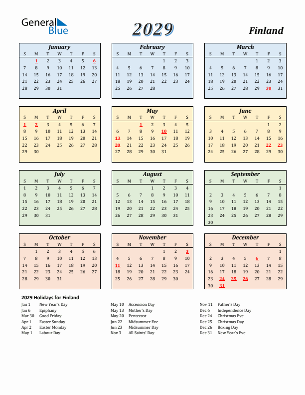 Finland Calendar 2029 with Sunday Start