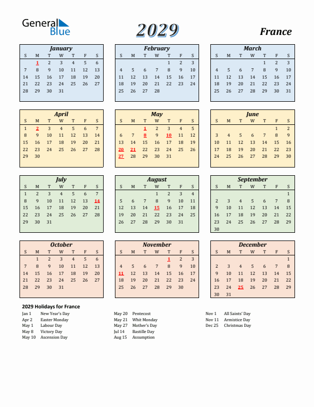 France Calendar 2029 with Sunday Start