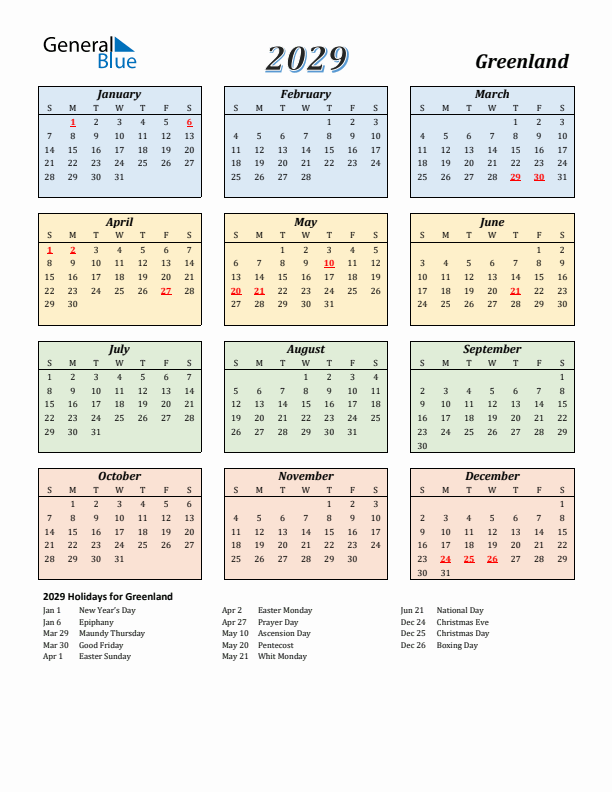 Greenland Calendar 2029 with Sunday Start