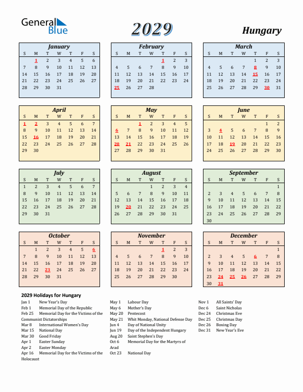 Hungary Calendar 2029 with Sunday Start