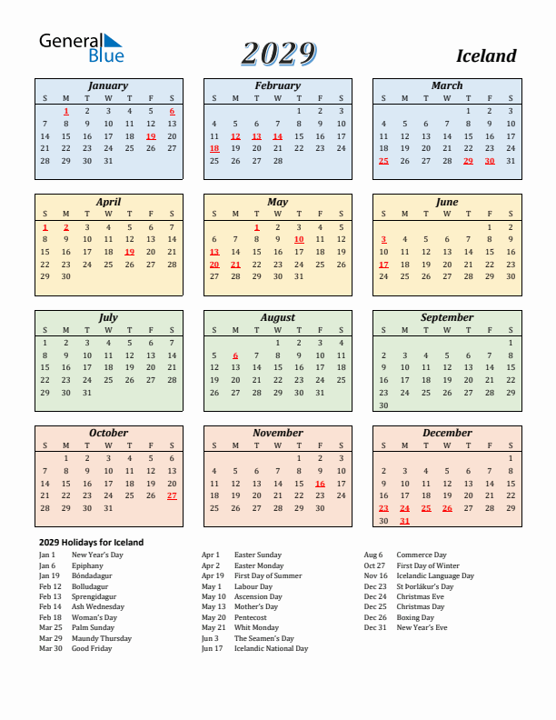 Iceland Calendar 2029 with Sunday Start