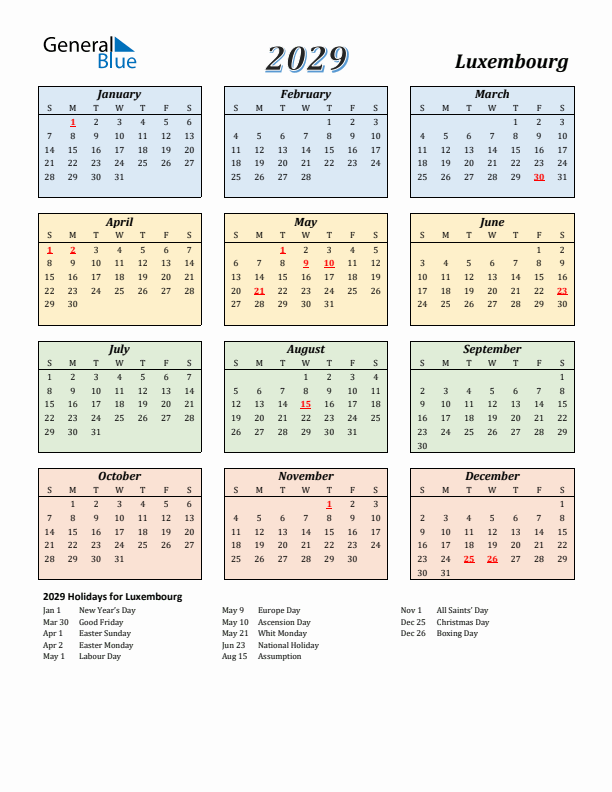 Luxembourg Calendar 2029 with Sunday Start