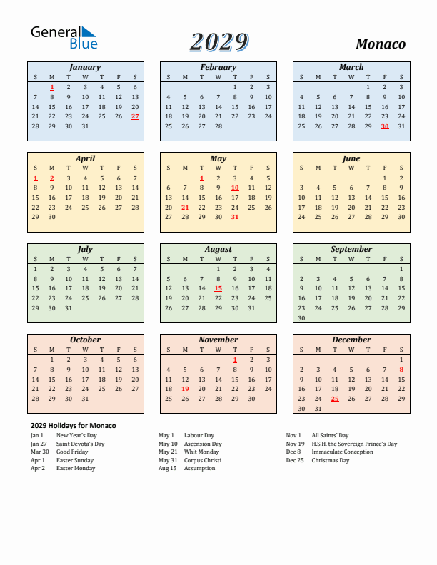 Monaco Calendar 2029 with Sunday Start