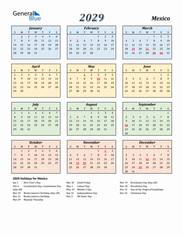 Mexico Calendar 2029 with Sunday Start