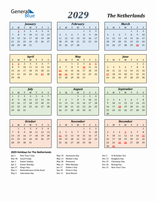 The Netherlands Calendar 2029 with Sunday Start