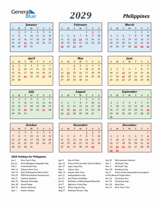 Philippines Calendar 2029 with Sunday Start