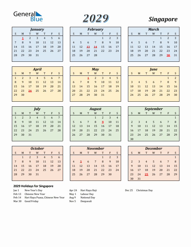 Singapore Calendar 2029 with Sunday Start