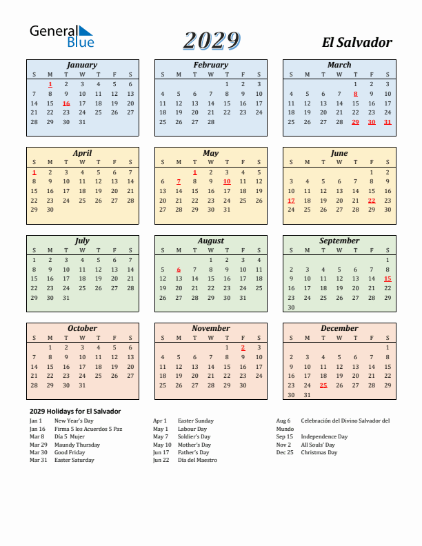 El Salvador Calendar 2029 with Sunday Start