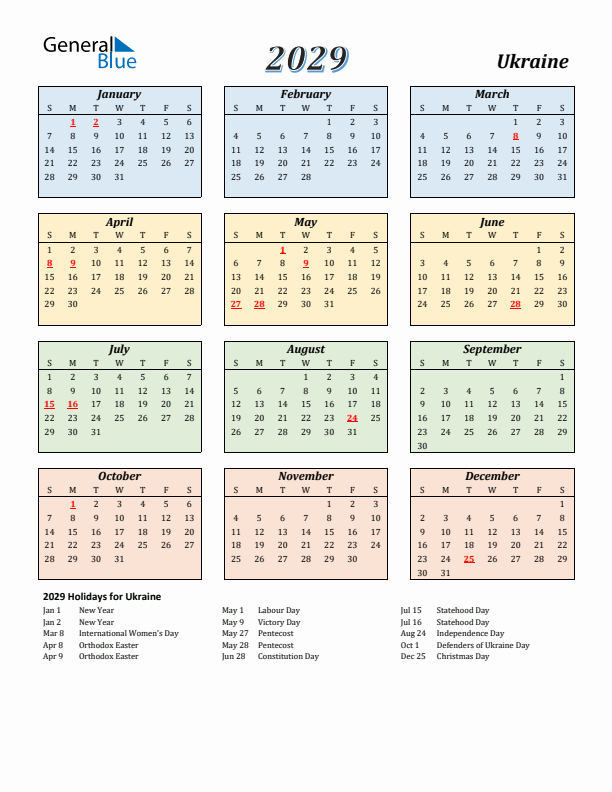 Ukraine Calendar 2029 with Sunday Start