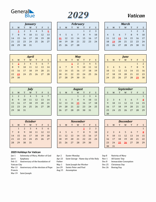 Vatican Calendar 2029 with Sunday Start