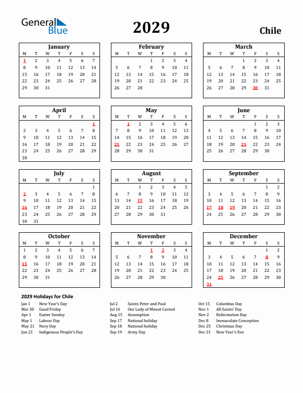 2029 Chile Holiday Calendar - Monday Start