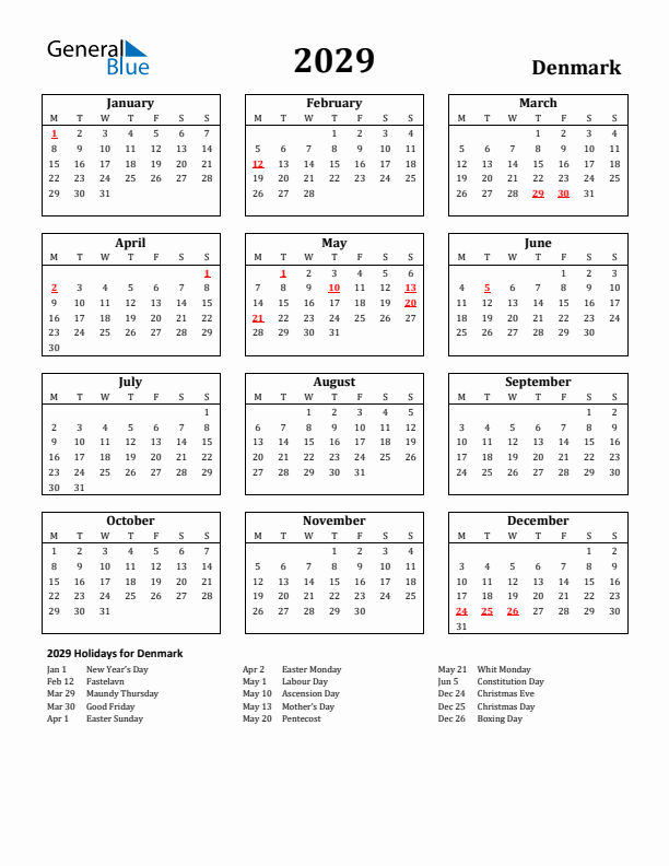 2029 Denmark Holiday Calendar - Monday Start