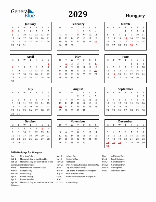 2029 Hungary Holiday Calendar - Monday Start