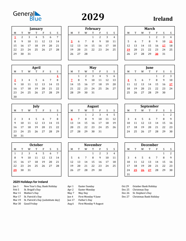 2029 Ireland Holiday Calendar - Monday Start