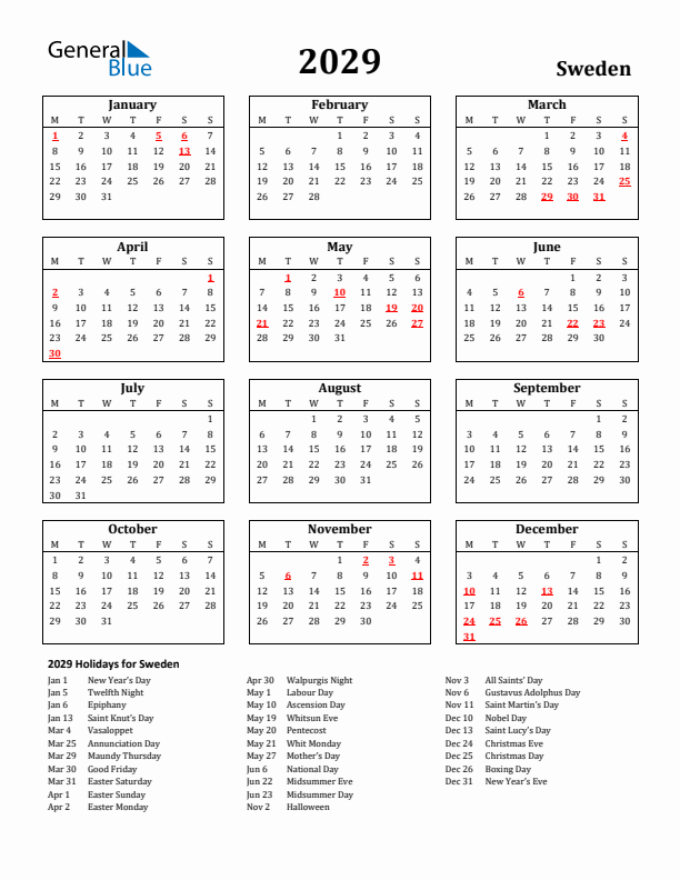 2029 Sweden Holiday Calendar - Monday Start