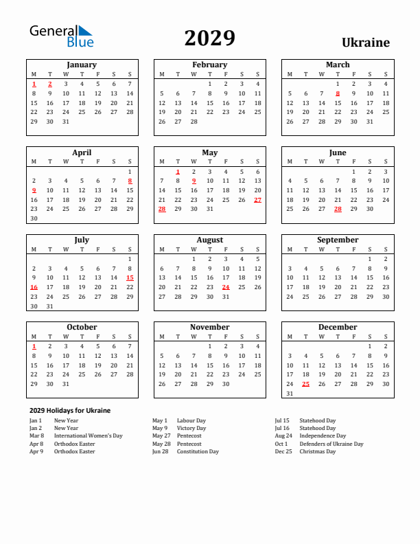 2029 Ukraine Holiday Calendar - Monday Start