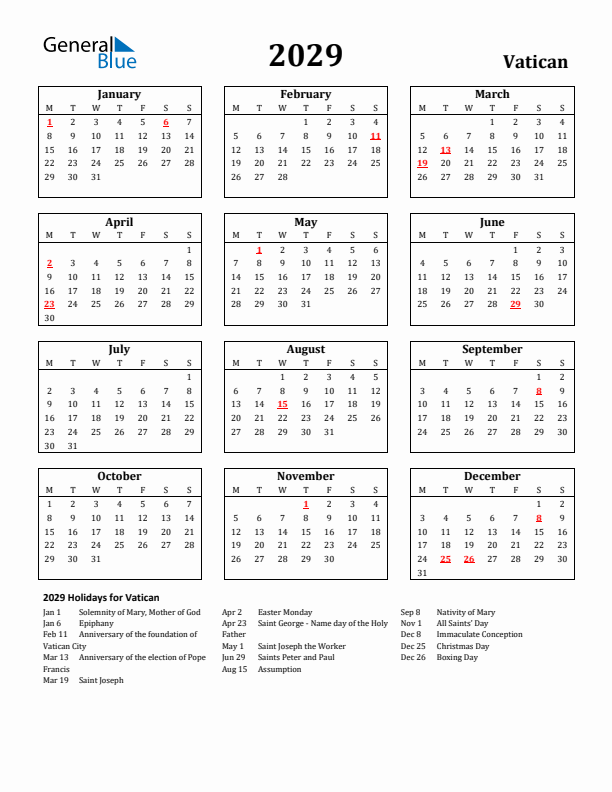 2029 Vatican Holiday Calendar - Monday Start