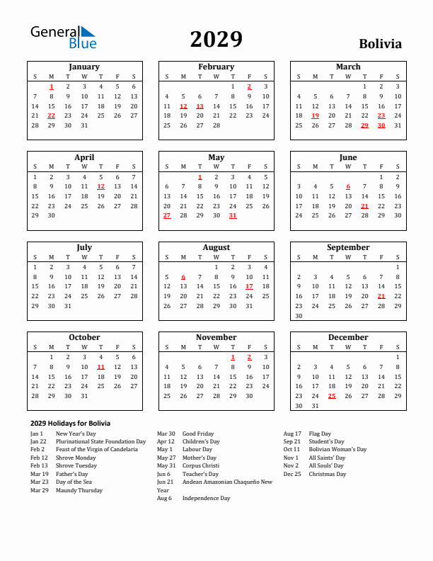 2029 Bolivia Holiday Calendar - Sunday Start