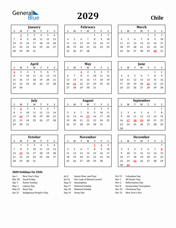 2029 Chile Holiday Calendar - Sunday Start