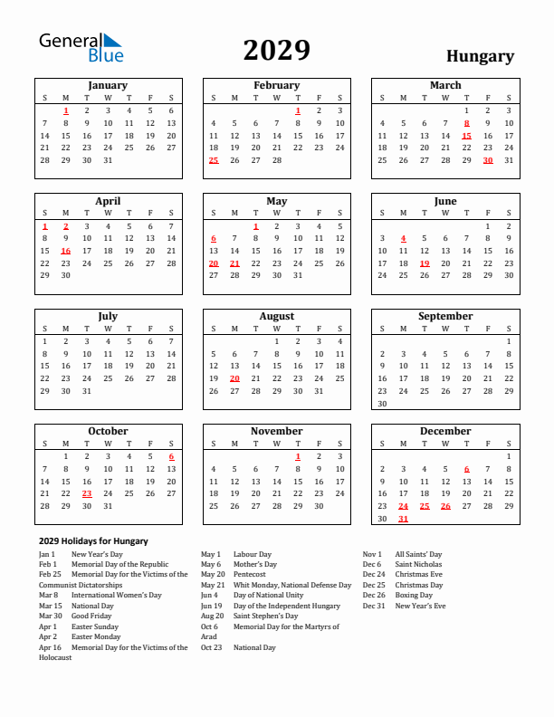 2029 Hungary Holiday Calendar - Sunday Start