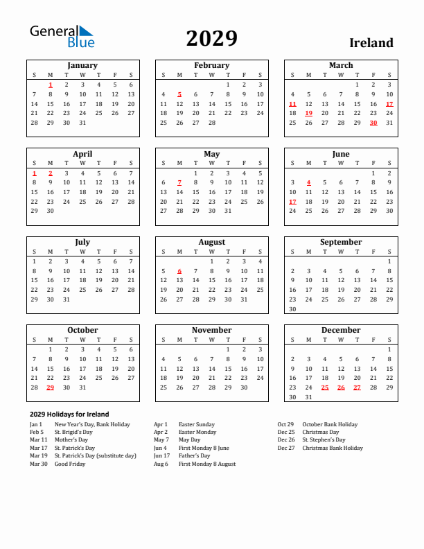 2029 Ireland Holiday Calendar - Sunday Start