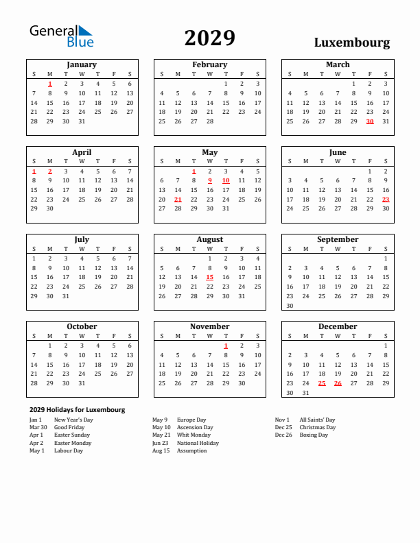 2029 Luxembourg Holiday Calendar - Sunday Start