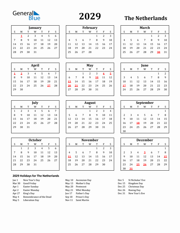 2029 The Netherlands Holiday Calendar - Sunday Start