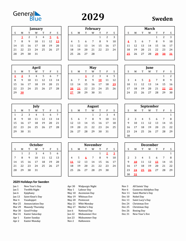 2029 Sweden Holiday Calendar - Sunday Start