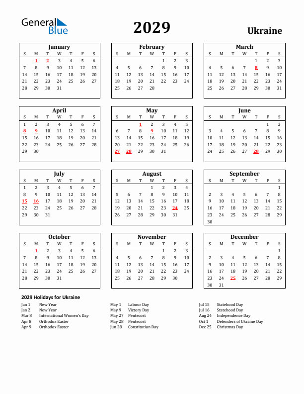 2029 Ukraine Holiday Calendar - Sunday Start