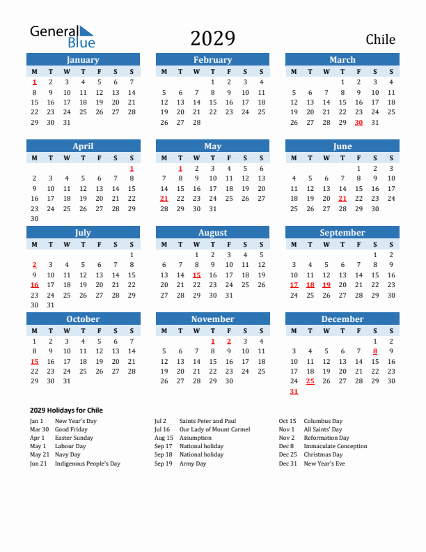 Printable Calendar 2029 with Chile Holidays (Monday Start)