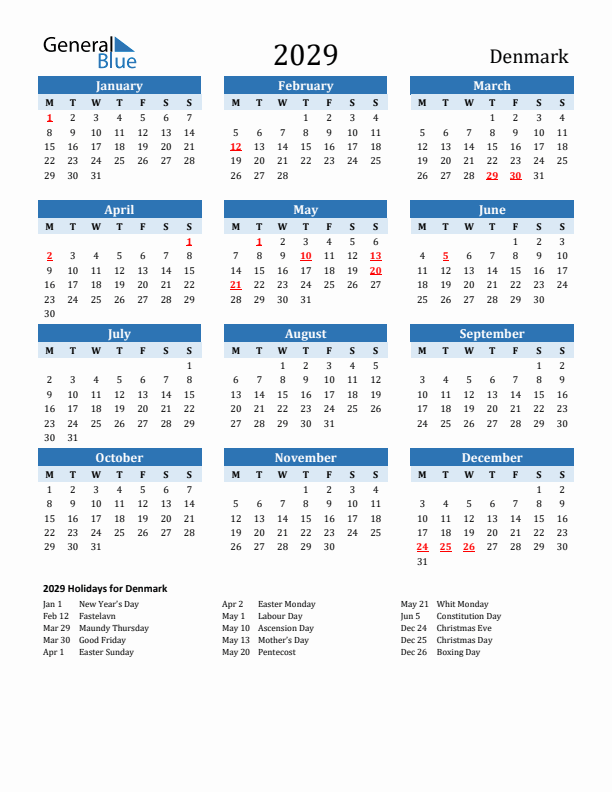 Printable Calendar 2029 with Denmark Holidays (Monday Start)