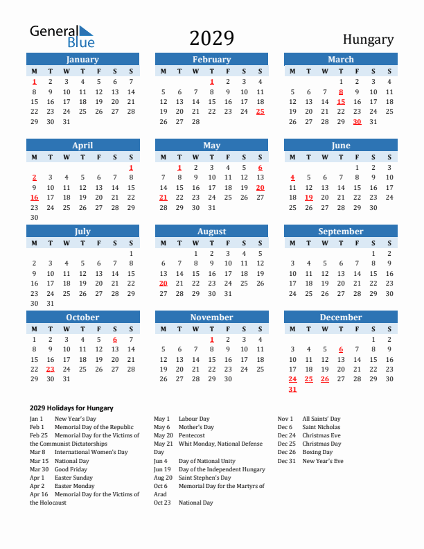 Printable Calendar 2029 with Hungary Holidays (Monday Start)