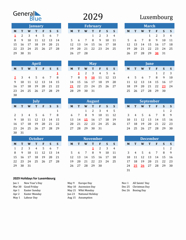 Printable Calendar 2029 with Luxembourg Holidays (Monday Start)