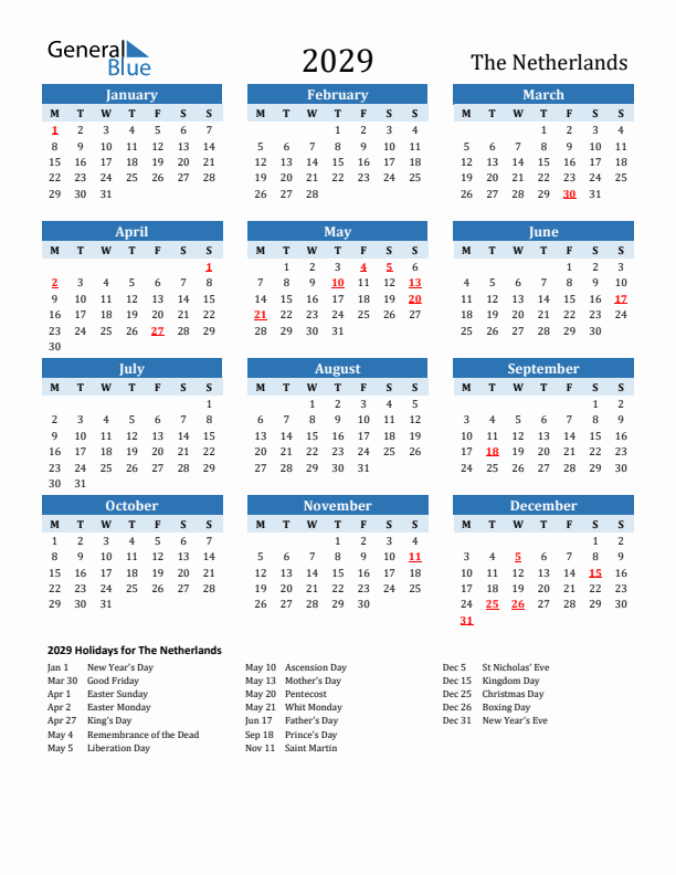 Printable Calendar 2029 with The Netherlands Holidays (Monday Start)