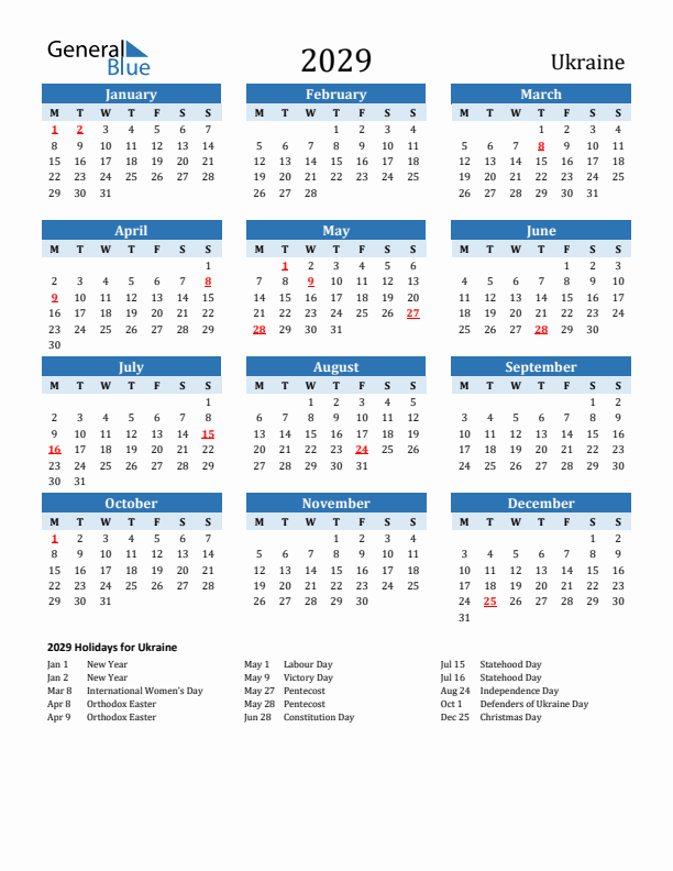 Printable Calendar 2029 with Ukraine Holidays (Monday Start)