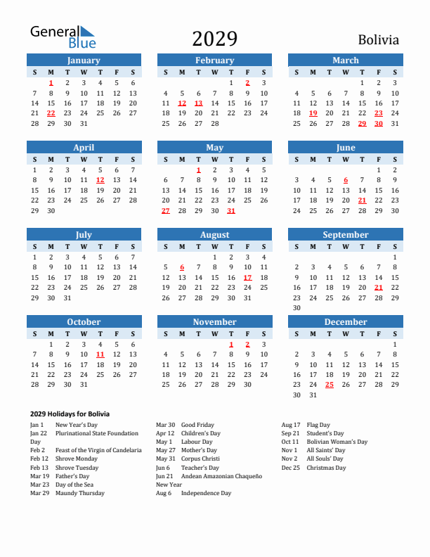 Printable Calendar 2029 with Bolivia Holidays (Sunday Start)