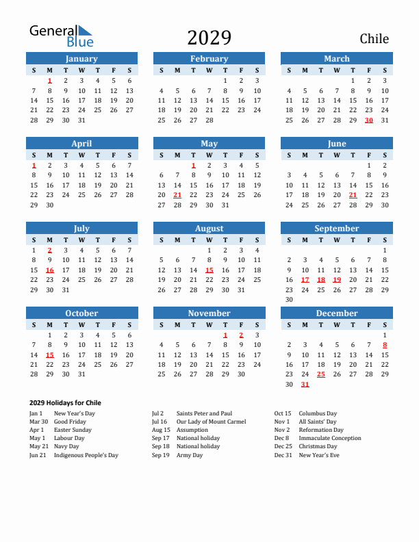 Printable Calendar 2029 with Chile Holidays (Sunday Start)