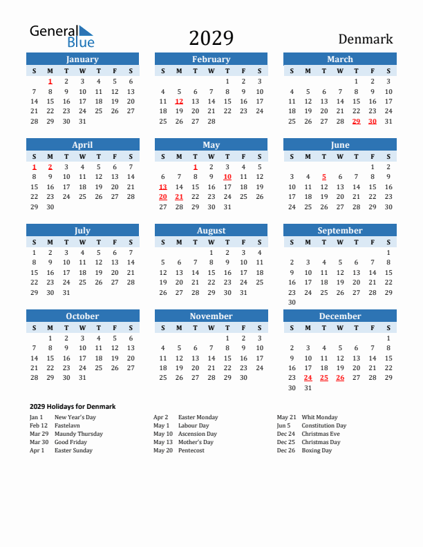 Printable Calendar 2029 with Denmark Holidays (Sunday Start)