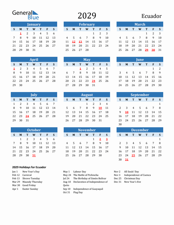 Printable Calendar 2029 with Ecuador Holidays (Sunday Start)